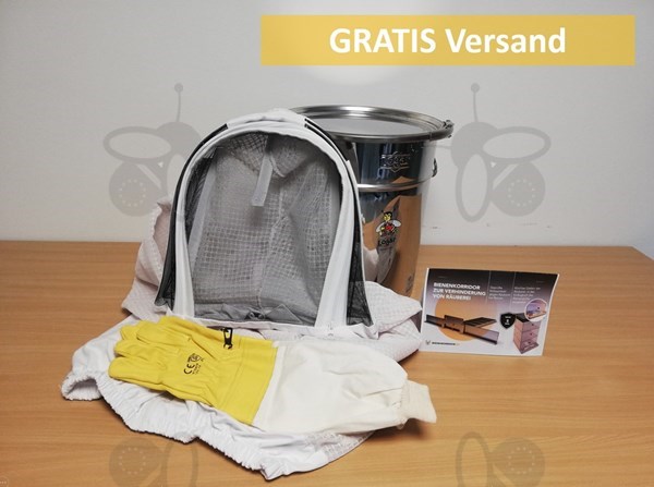 Afbeelding van Imkerpaket 1: 35kg Stapelbarer Lagerbehälter mit Spannring und Dichtung, Bienenkorridore, Lederhandschuhe und eine Imkerjacke mit GRATIS Versand