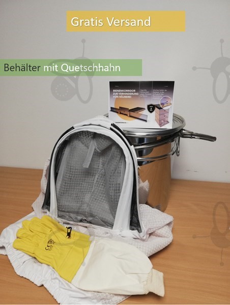 Zdjęcie Imkerpaket 2: 35 kg Abfüllbehälter mit Spannringverschluss, Bienenkorridore, Lederhandschuhe und eine Imkerjacke mit GRATIS Versand